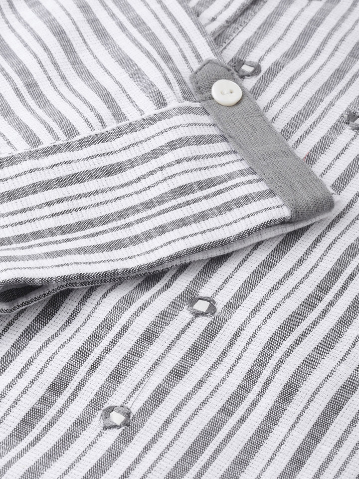 Neerus Women Grey White Striped Straight Kurta With Mirror Work