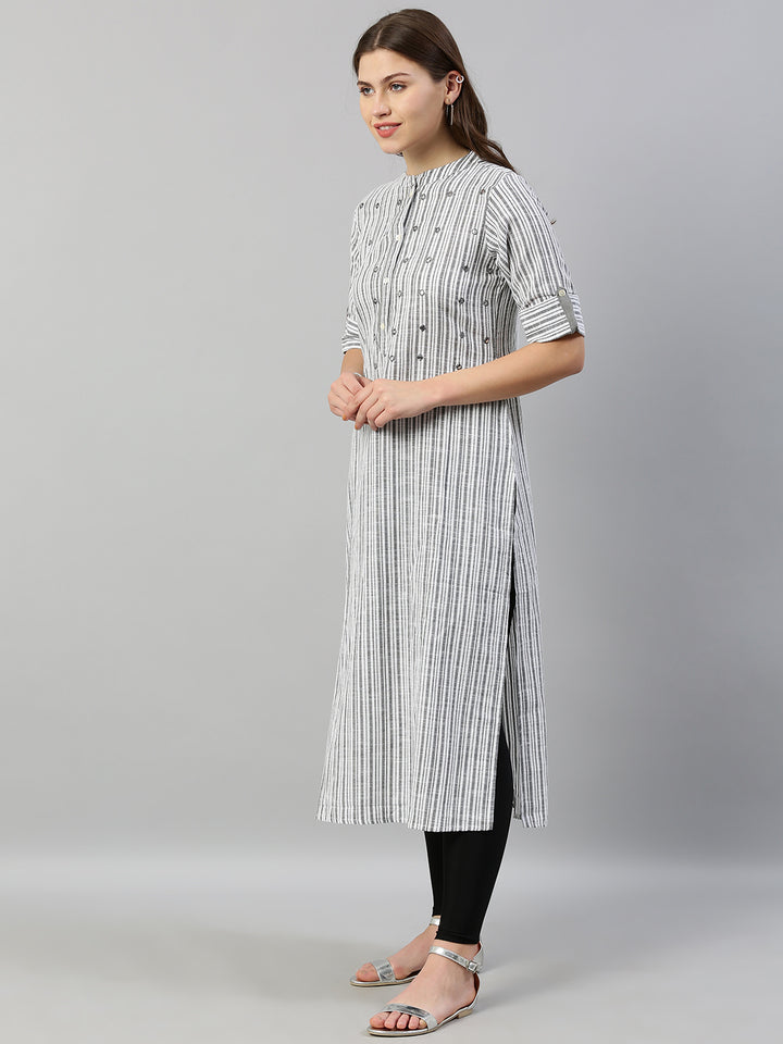Neerus Women Grey White Striped Straight Kurta With Mirror Work