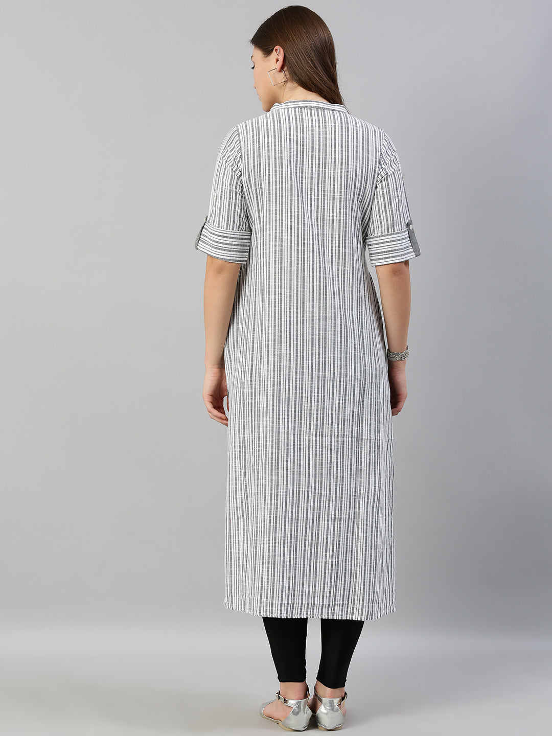 Neerus Women Grey White Striped Straight Kurta With Mirror Work