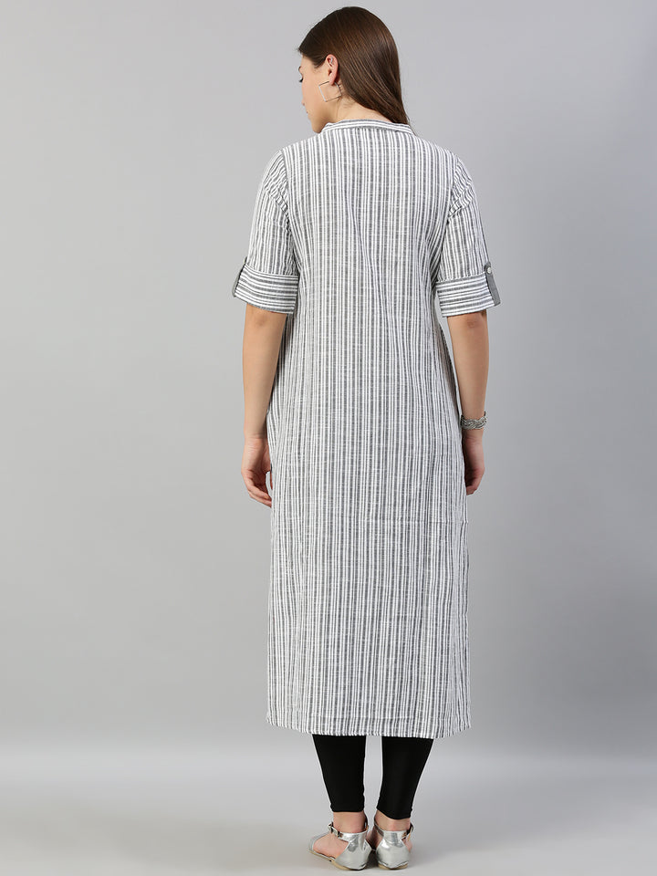 Neerus Women Grey White Striped Straight Kurta With Mirror Work