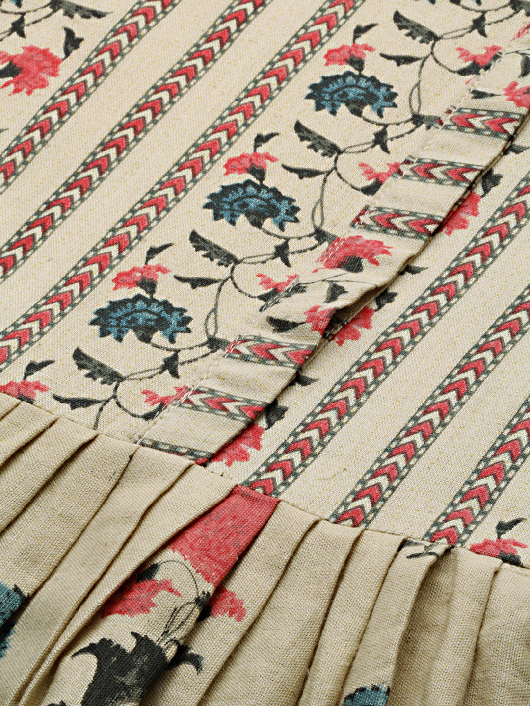 Neerus Women Beige Blue Printed Tie-Up Sleeve A-Line Kurta