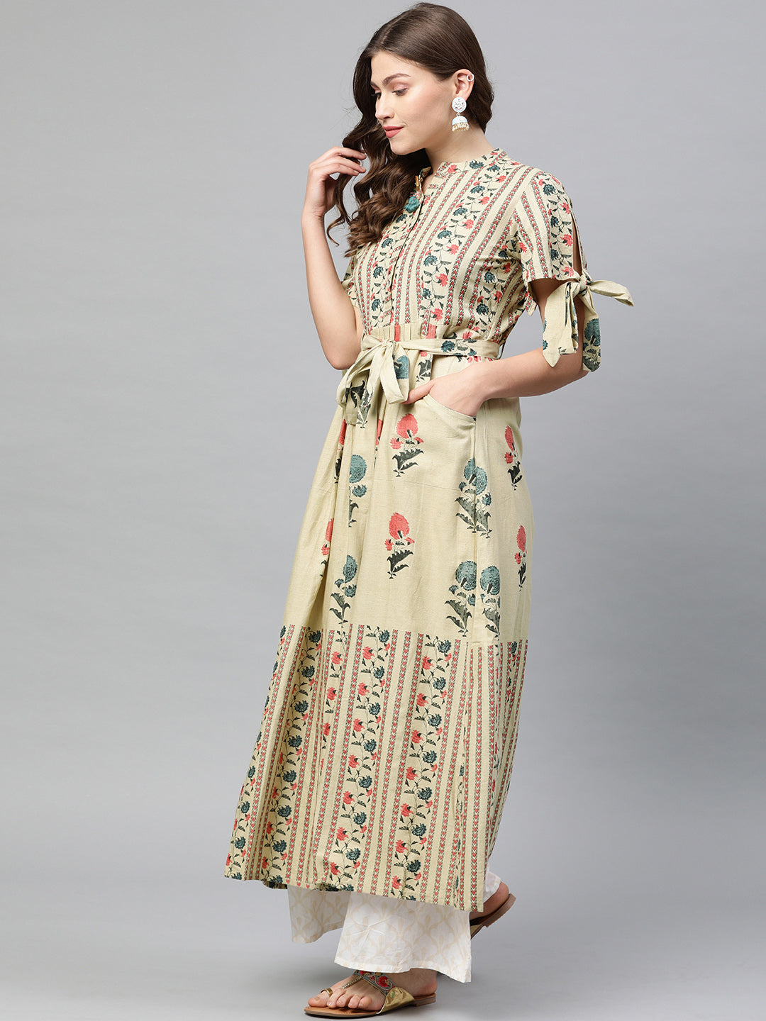 Neerus Women Beige Blue Printed Tie-Up Sleeve A-Line Kurta