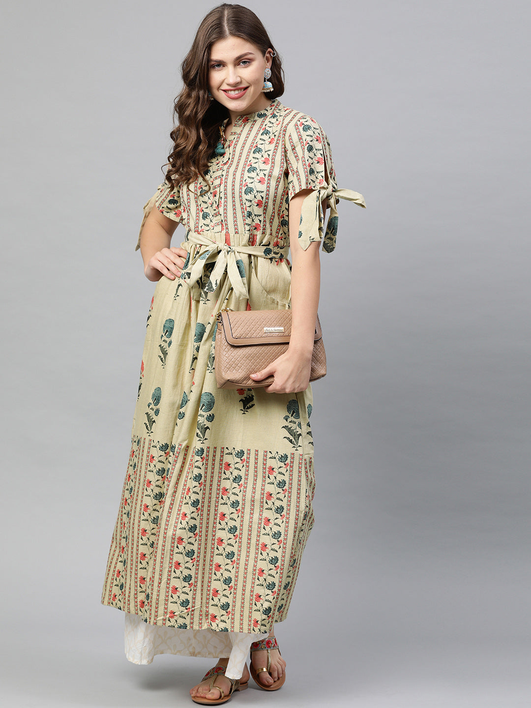 Neerus Women Beige Blue Printed Tie-Up Sleeve A-Line Kurta
