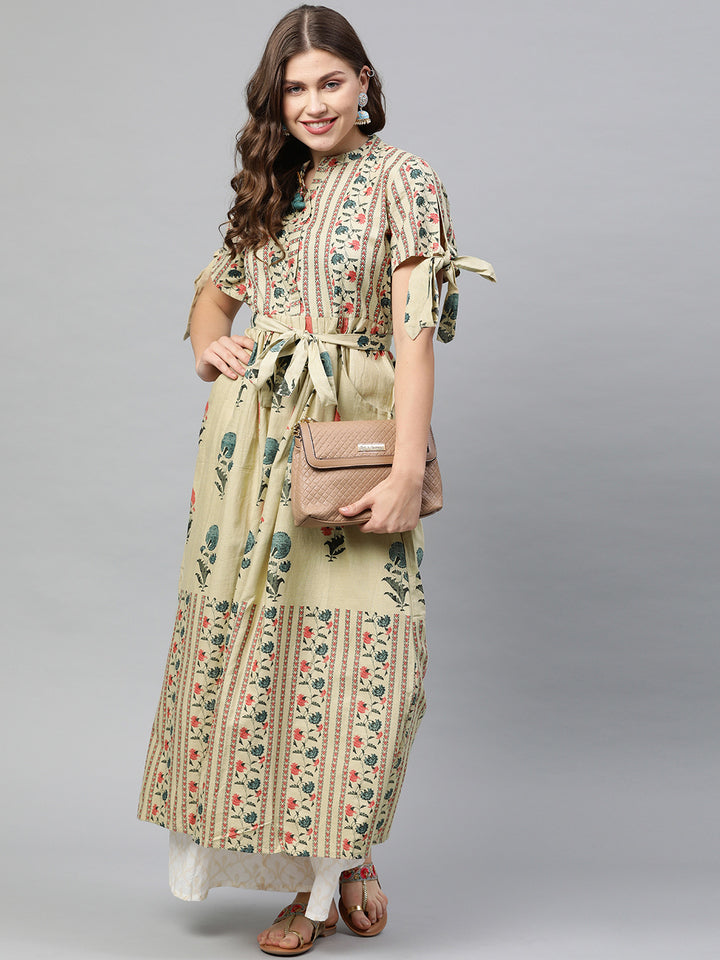 Neerus Women Beige Blue Printed Tie-Up Sleeve A-Line Kurta