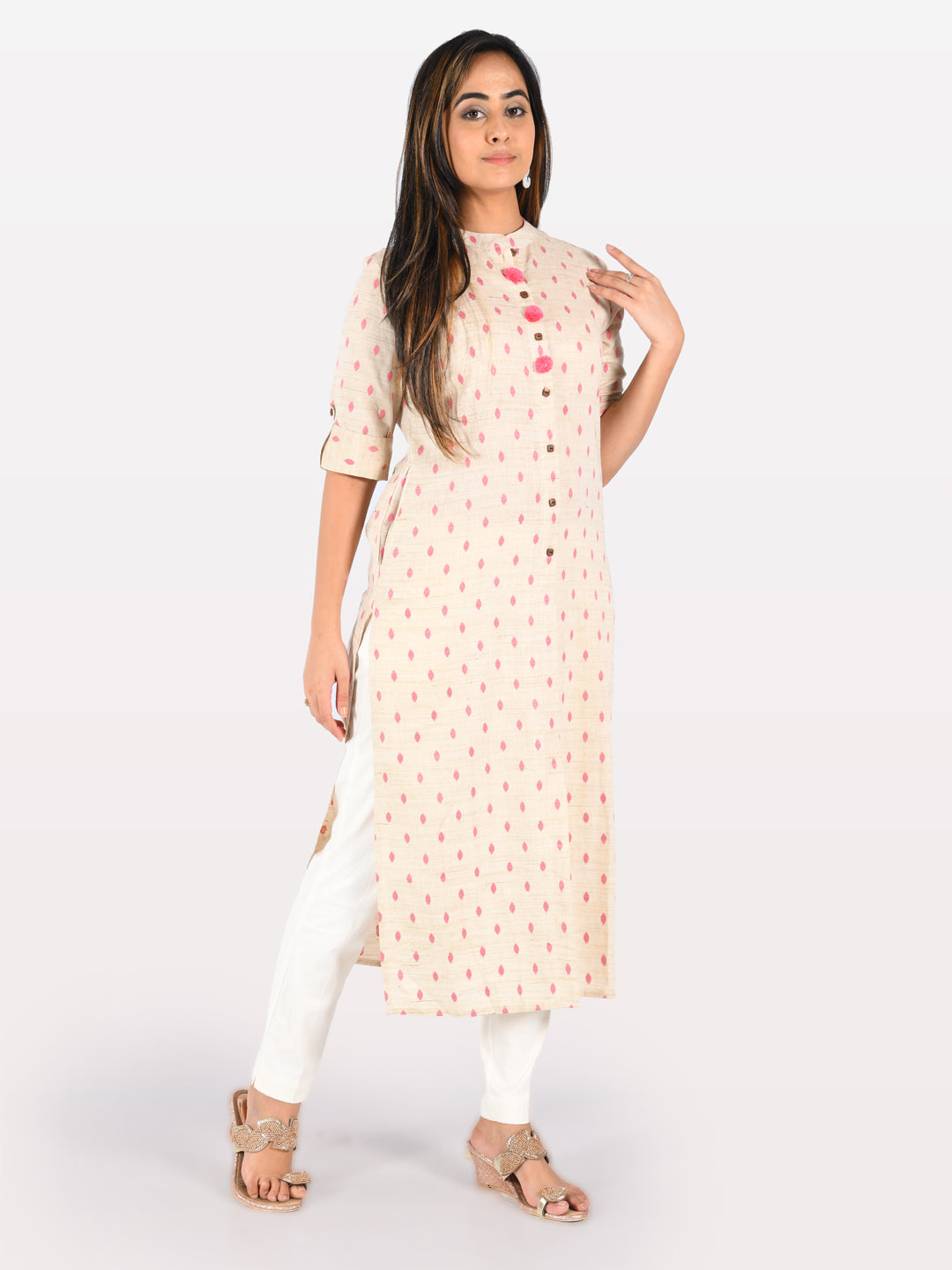 Neerus Beige cotton solid kurti - detail view 2