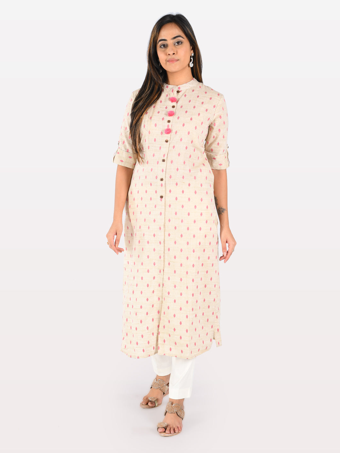 Neerus Beige cotton solid kurti - front view