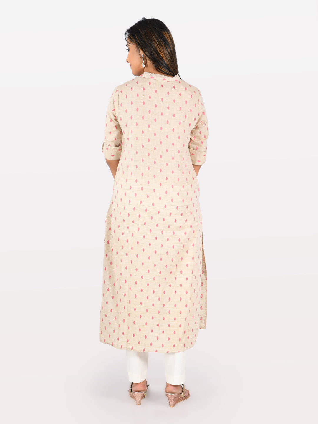 Neerus Beige cotton solid kurti - back view