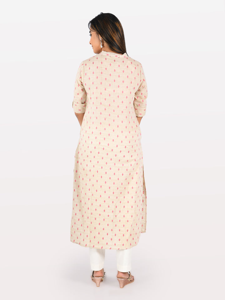 Neerus Beige cotton solid kurti - back view
