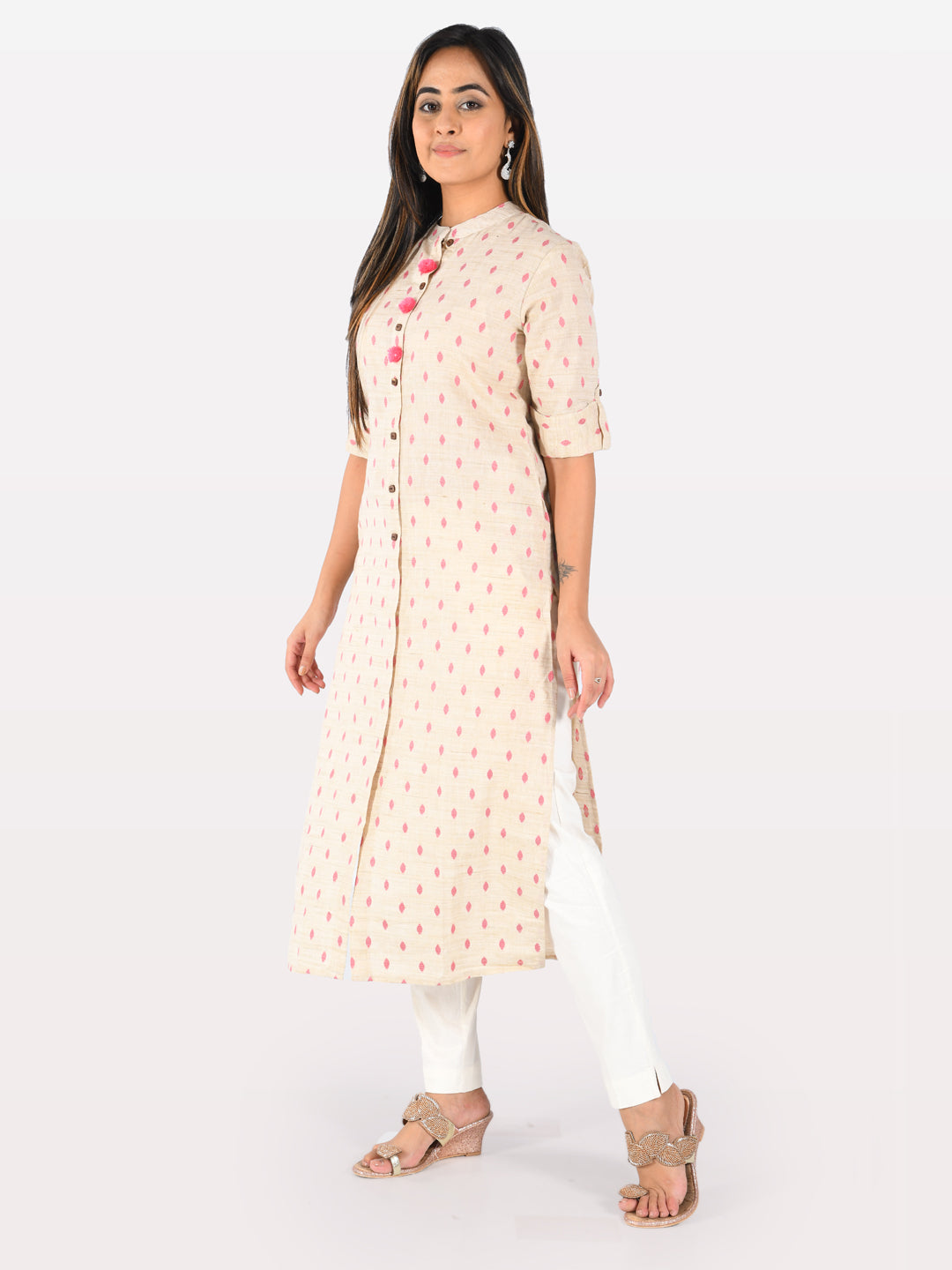 Neerus Beige cotton solid kurti - detail view 1