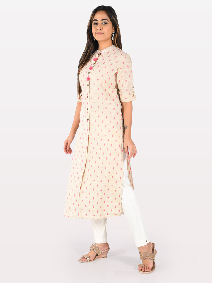 Neerus Beige cotton solid kurti - detail view 1