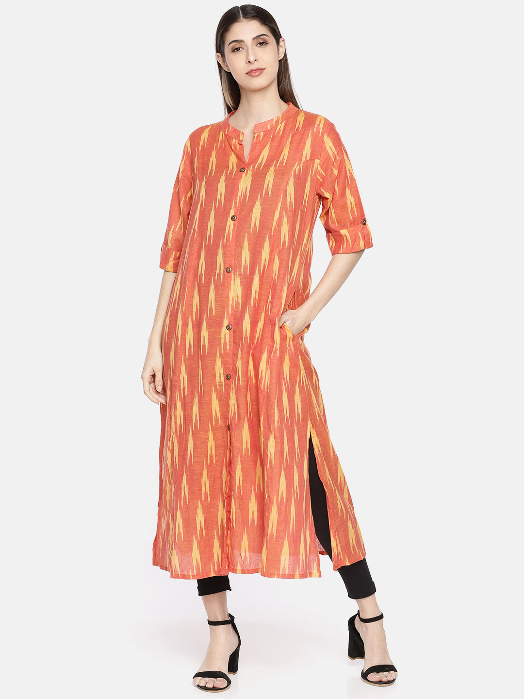 Neerus Orange printed straight kurti - front view