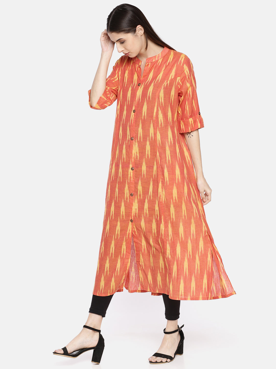 Neerus Orange printed straight kurti - side view