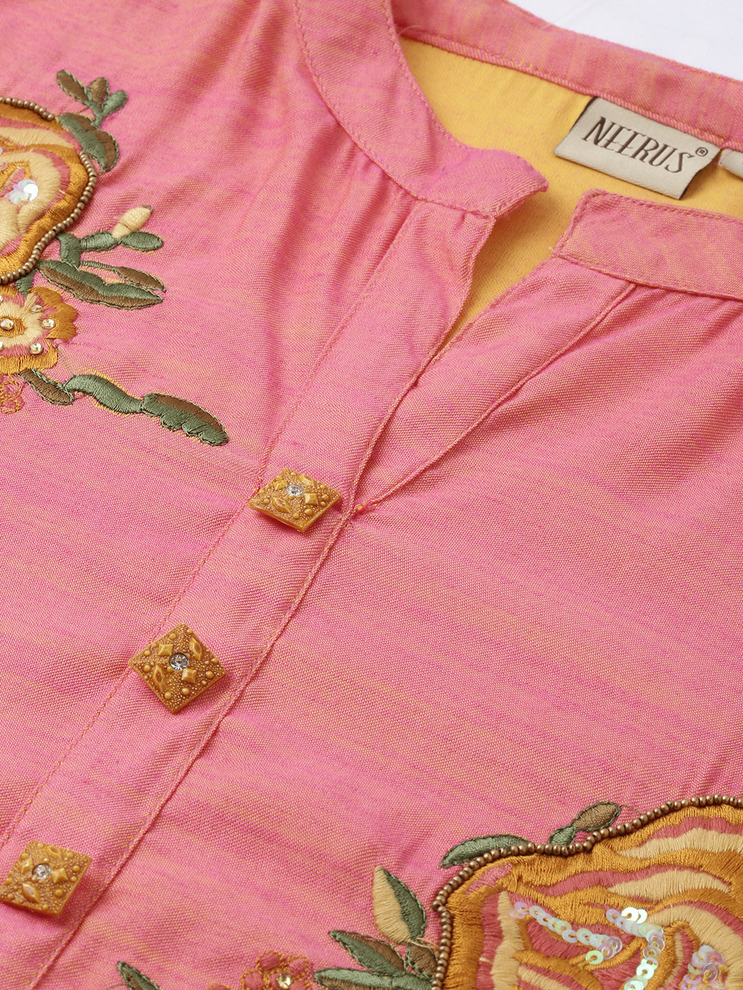 Neeru's Women Pink Solid Straight Kurta With Embroidery Detail