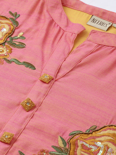 Neeru's Women Pink Solid Straight Kurta With Embroidery Detail