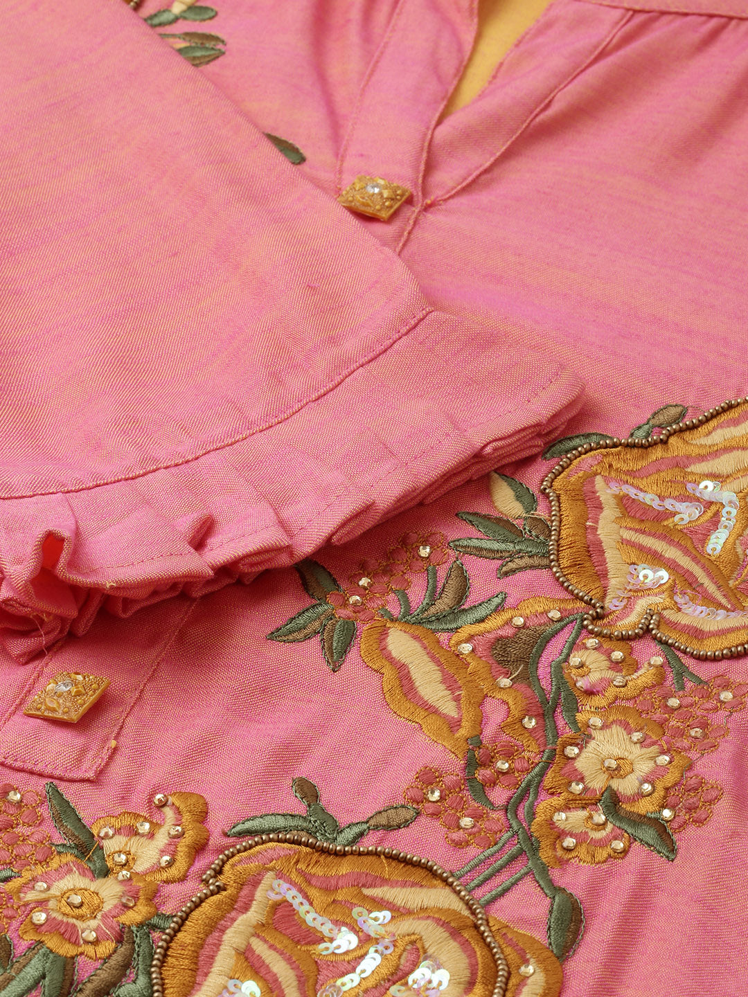 Neeru's Women Pink Solid Straight Kurta With Embroidery Detail
