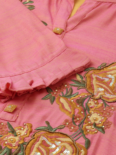 Neeru's Women Pink Solid Straight Kurta With Embroidery Detail