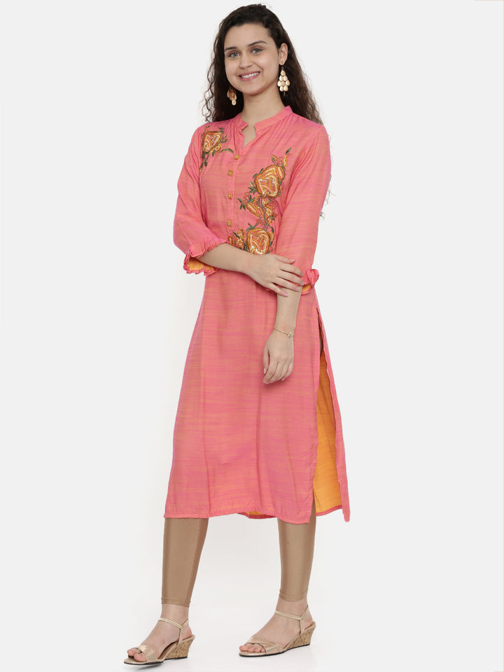 Neerus Women Pink Solid Straight Kurta With Embroidery Detail
