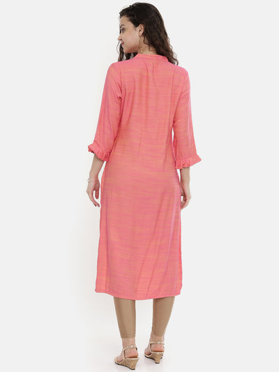 Neeru's Women Pink Solid Straight Kurta With Embroidery Detail