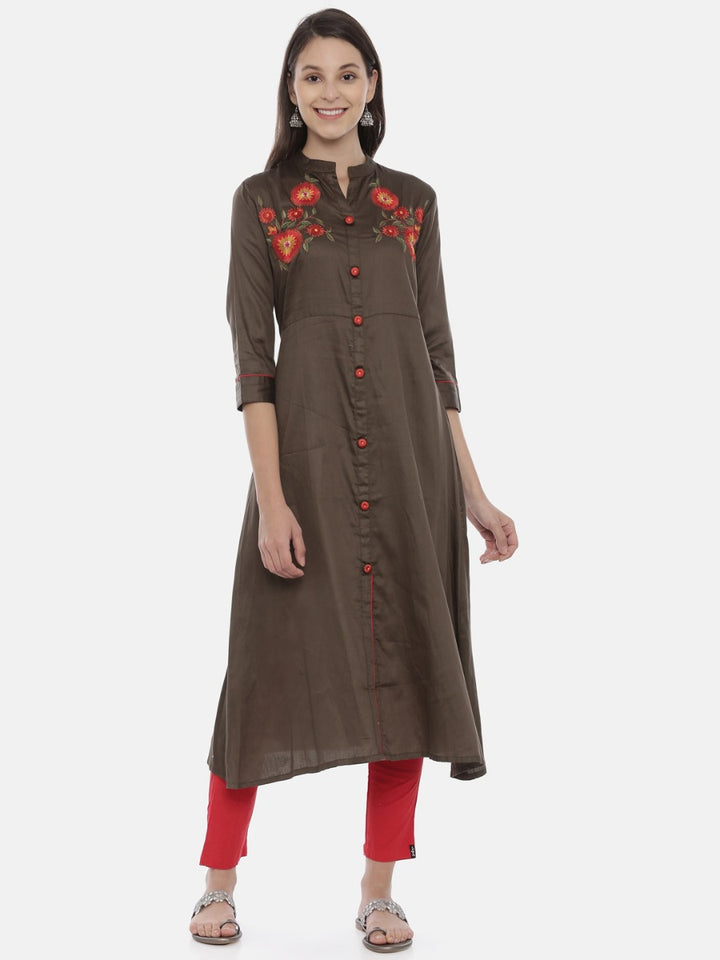 Neerus Green cotton embroidered A-line kurta - front view