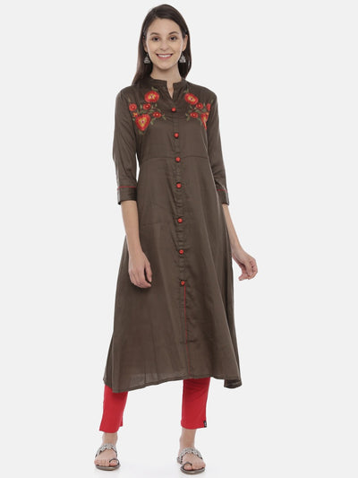 Neerus Women Olive Green Embroidered A-Line Kurta