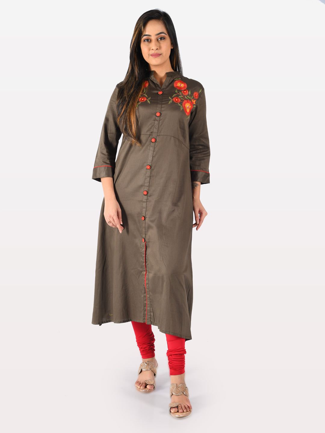 Neerus Green cotton embroidered A-line kurta - detail view 4