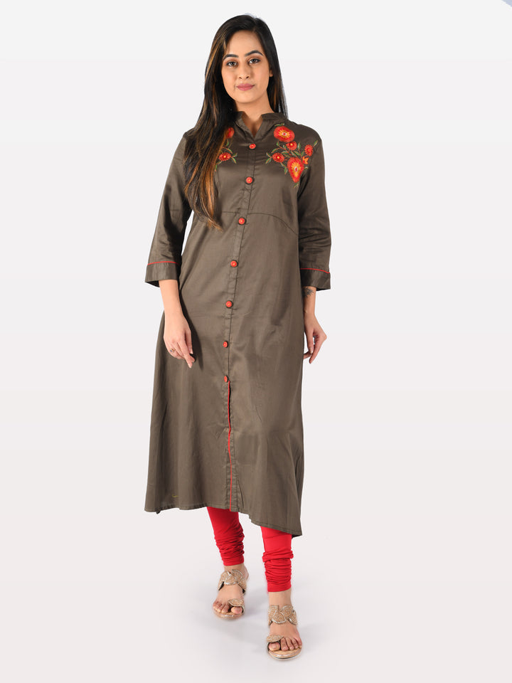 Neerus Green cotton embroidered A-line kurta - detail view 4