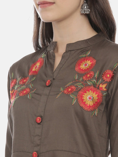 Neerus Women Olive Green Embroidered A-Line Kurta