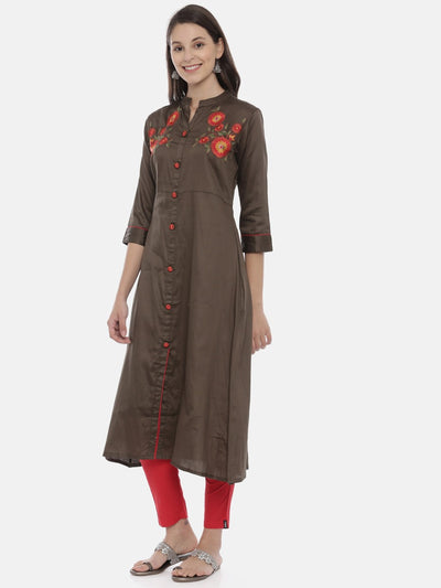 Neerus Women Olive Green Embroidered A-Line Kurta