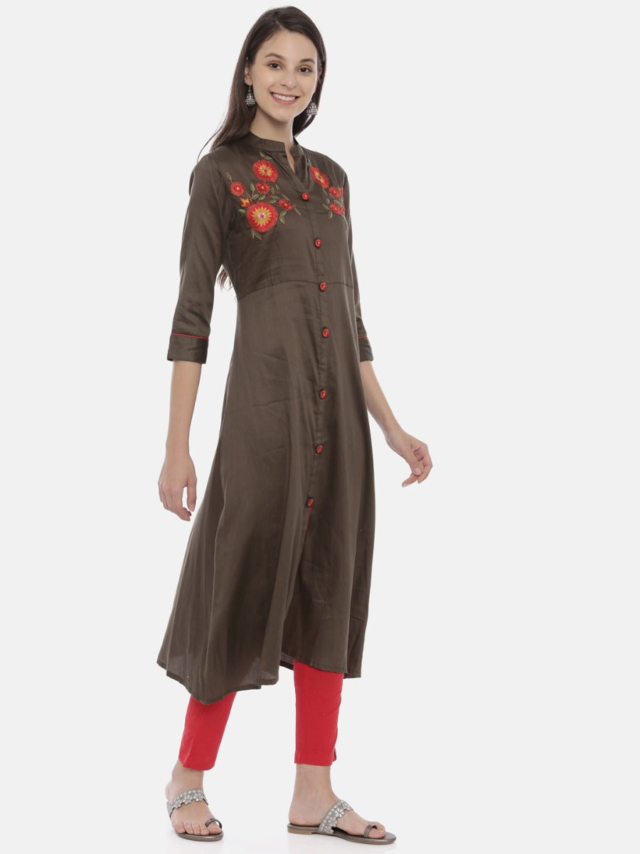 Neerus Women Olive Green Embroidered A-Line Kurta