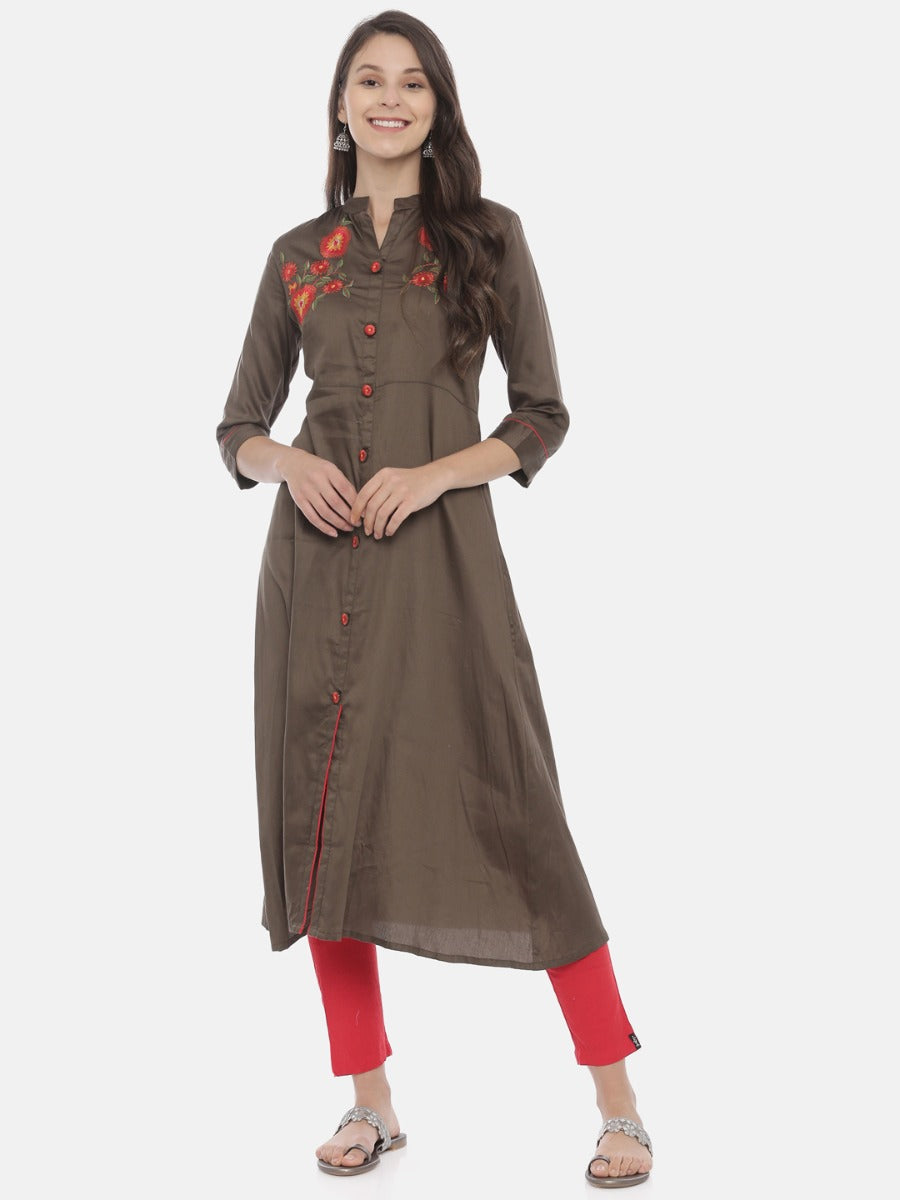 Neerus Green cotton embroidered A-line kurta - detail view 3