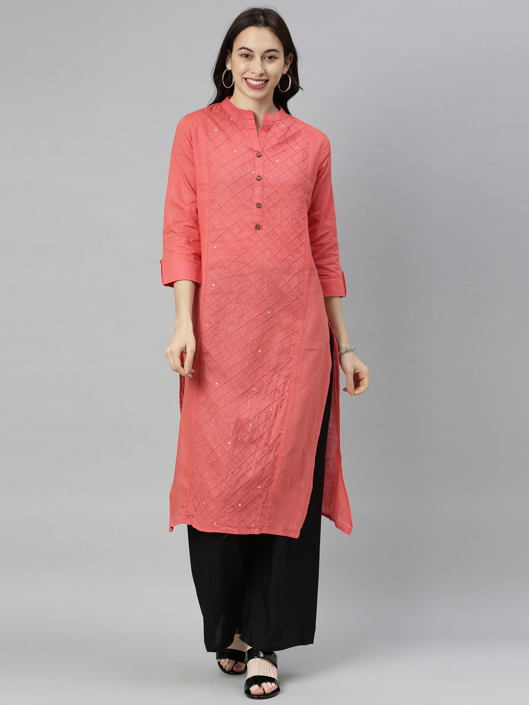 Neerus Orange slub cotton straight kurti tunic - front view