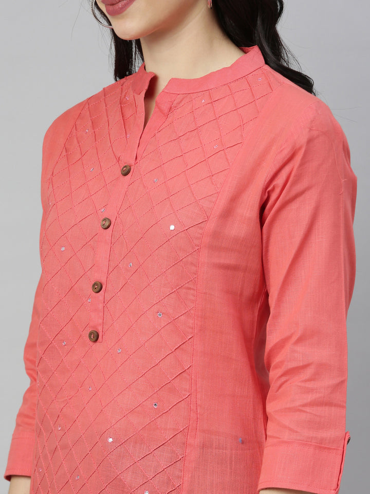 Neerus Orange slub cotton straight kurti tunic - back view