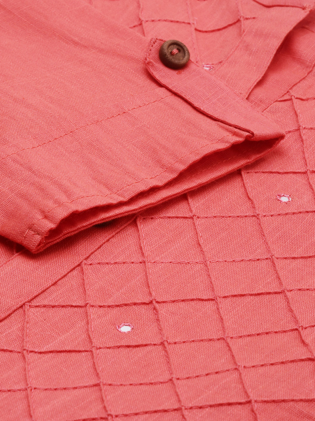 Neerus Orange slub cotton straight kurti tunic - detail view 1