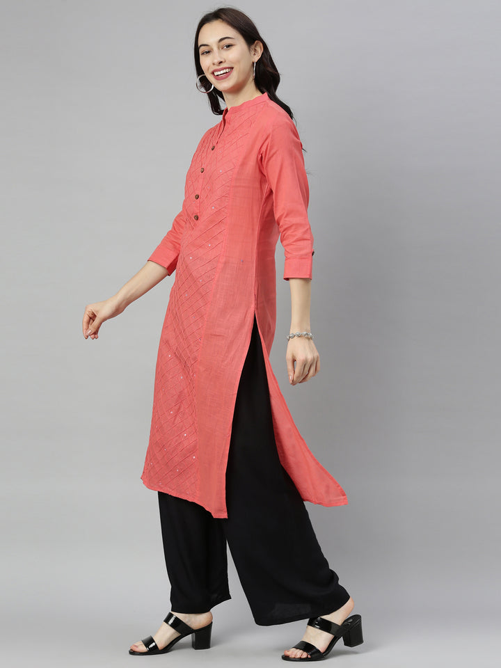 Neerus Orange slub cotton straight kurti tunic - detail view 2