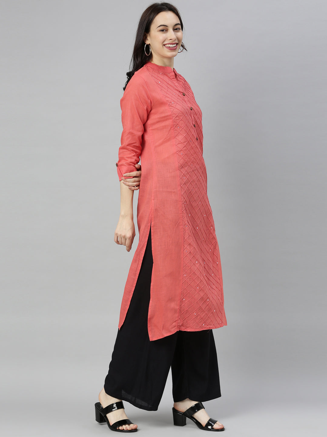 Neerus Orange slub cotton straight kurti tunic - detail view 3