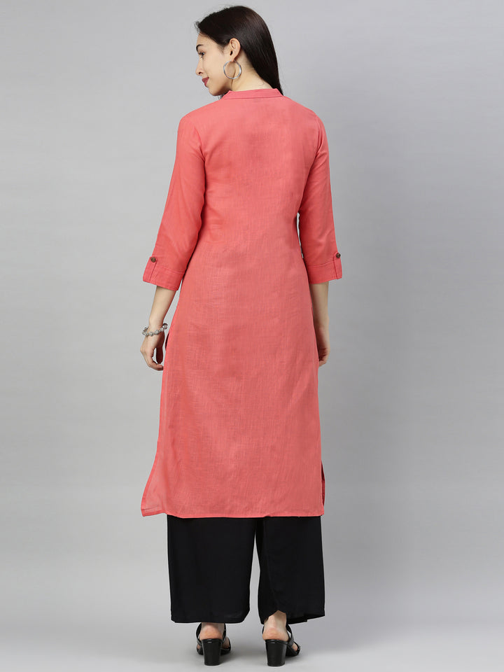 Neerus Orange slub cotton straight kurti tunic - detail view 4