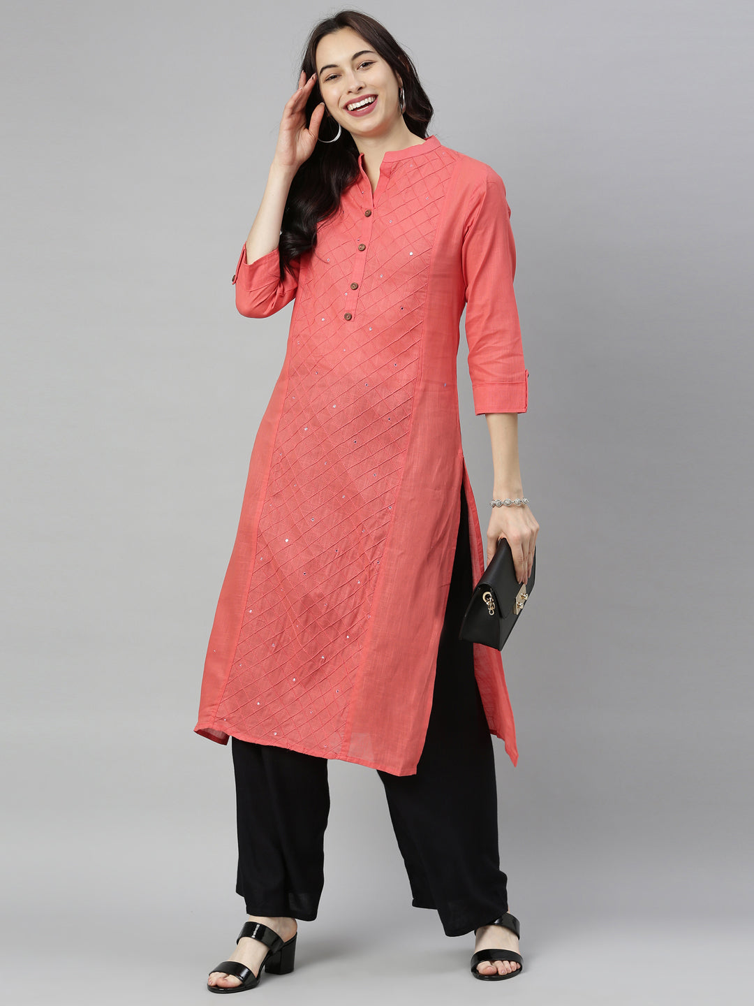 Neerus Orange slub cotton straight kurti tunic - detail view 5