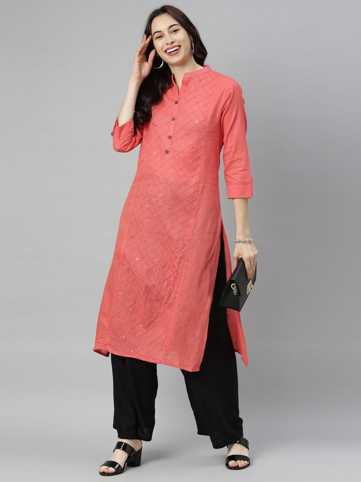 Neerus Orange slub cotton straight kurti tunic - detail view 5