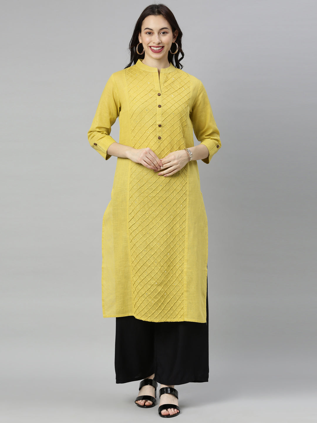 Neerus Olive Embroidered Straight Kurta