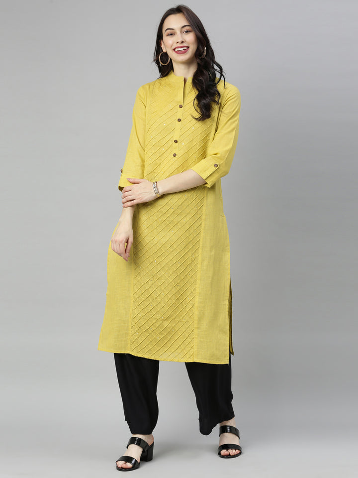 Neerus Olive Embroidered Straight Kurta