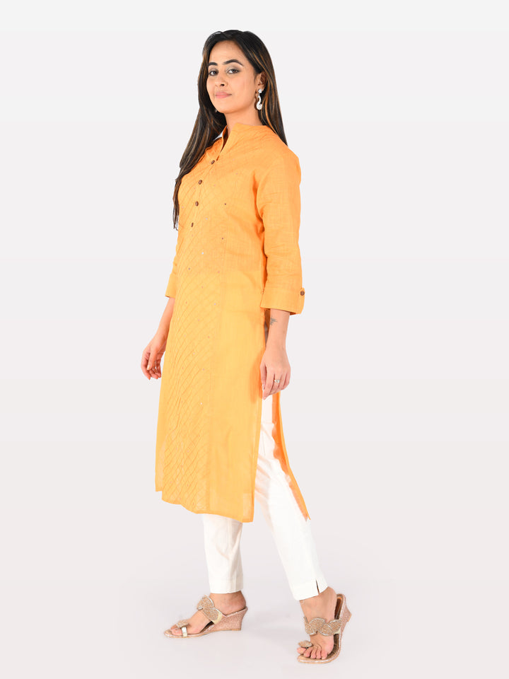 Neerus Orange slub cotton straight kurti - detail view 2