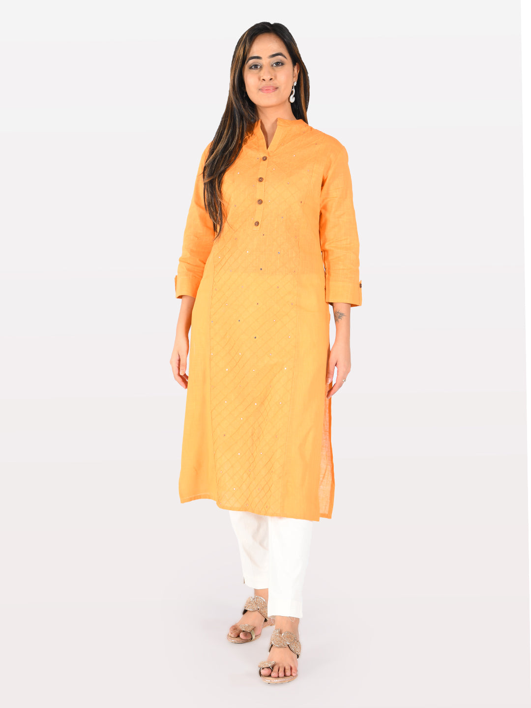 Neerus Orange slub cotton straight kurti - front view