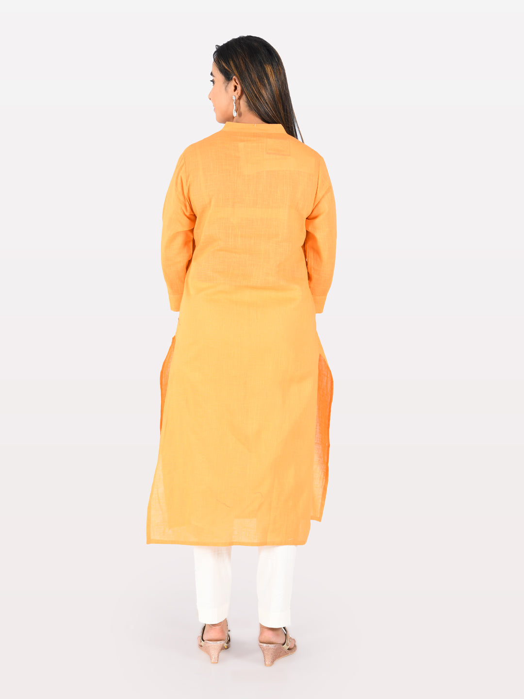 Neerus Orange slub cotton straight kurti - back view