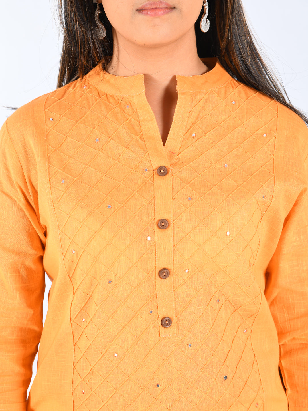 Neerus Orange slub cotton straight kurti - side view