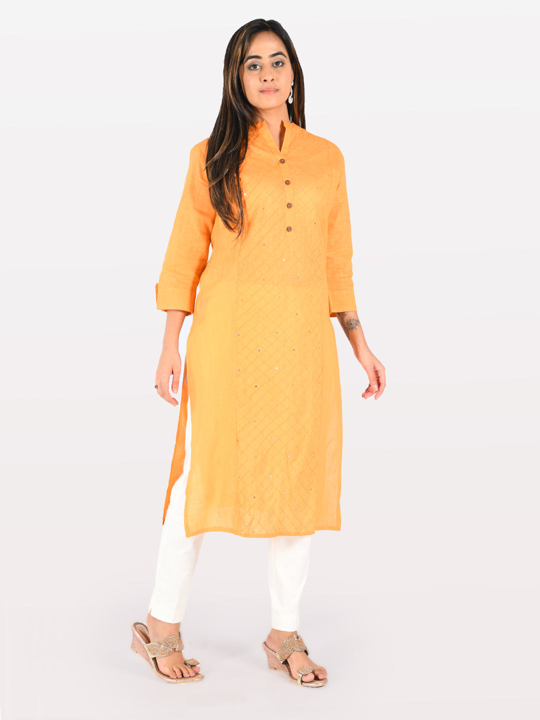 Neerus Orange slub cotton straight kurti - detail view 1