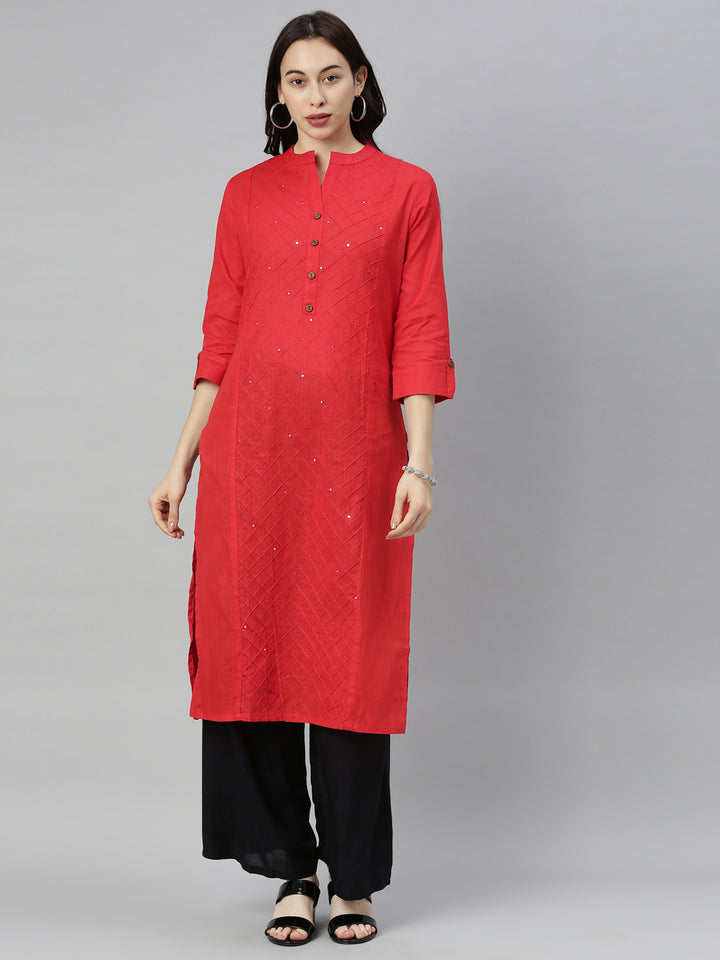 Neerus Red embroidered straight kurta - front view