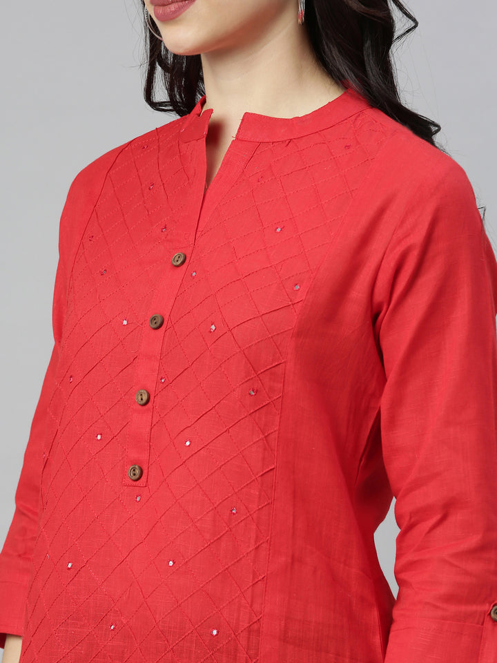 Neerus Red embroidered straight kurta - detail view 3