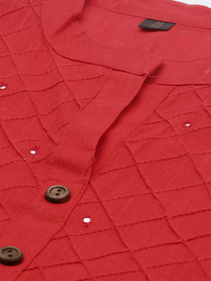 Neerus Red embroidered straight kurta - detail view 4