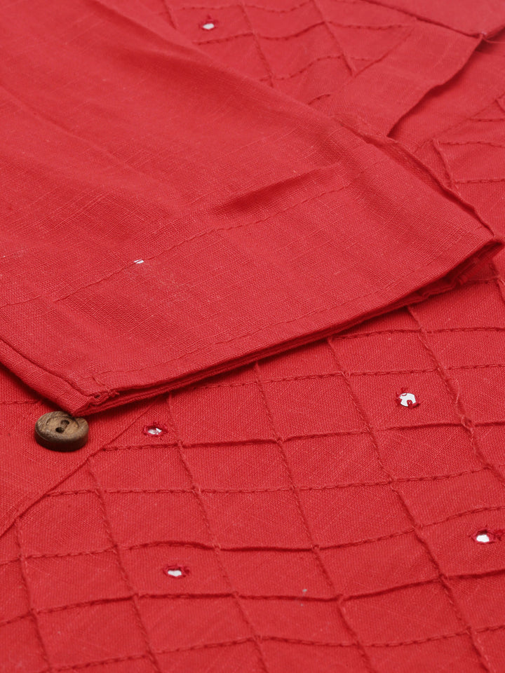 Neerus Red embroidered straight kurta - detail view 5