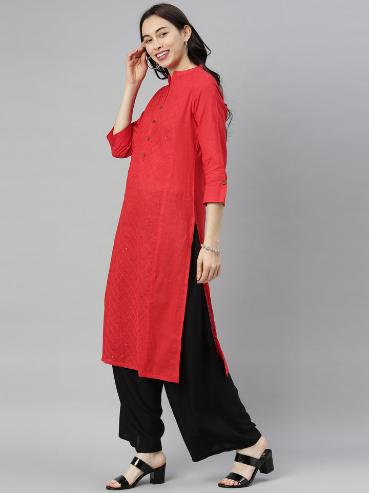 Neerus Red embroidered straight kurta - back view